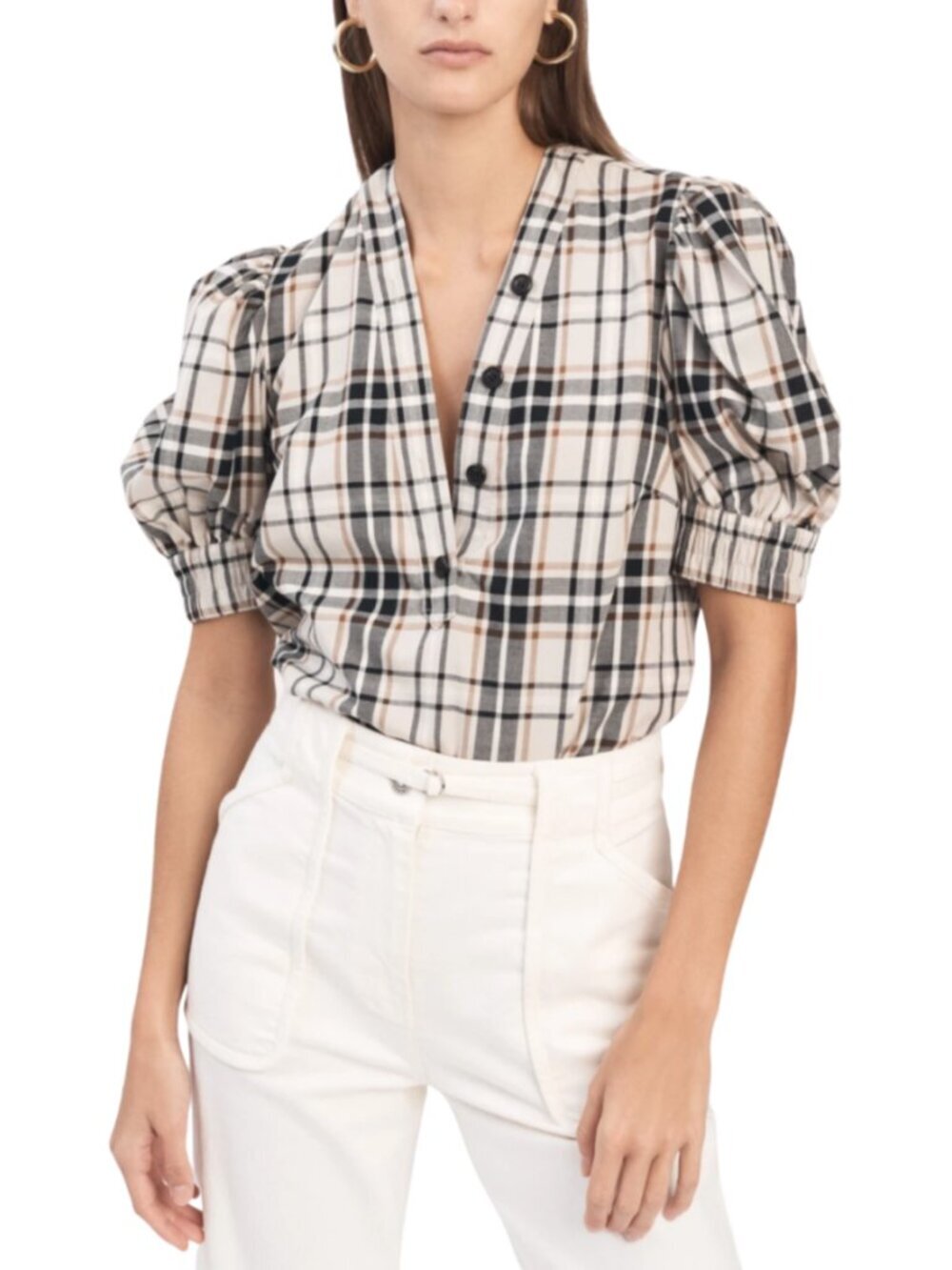 DEREK LAM 10 CROSBY Hazel Plaid Cotton Flannel Puff Sleeve V-Neck Blouse, Size 6